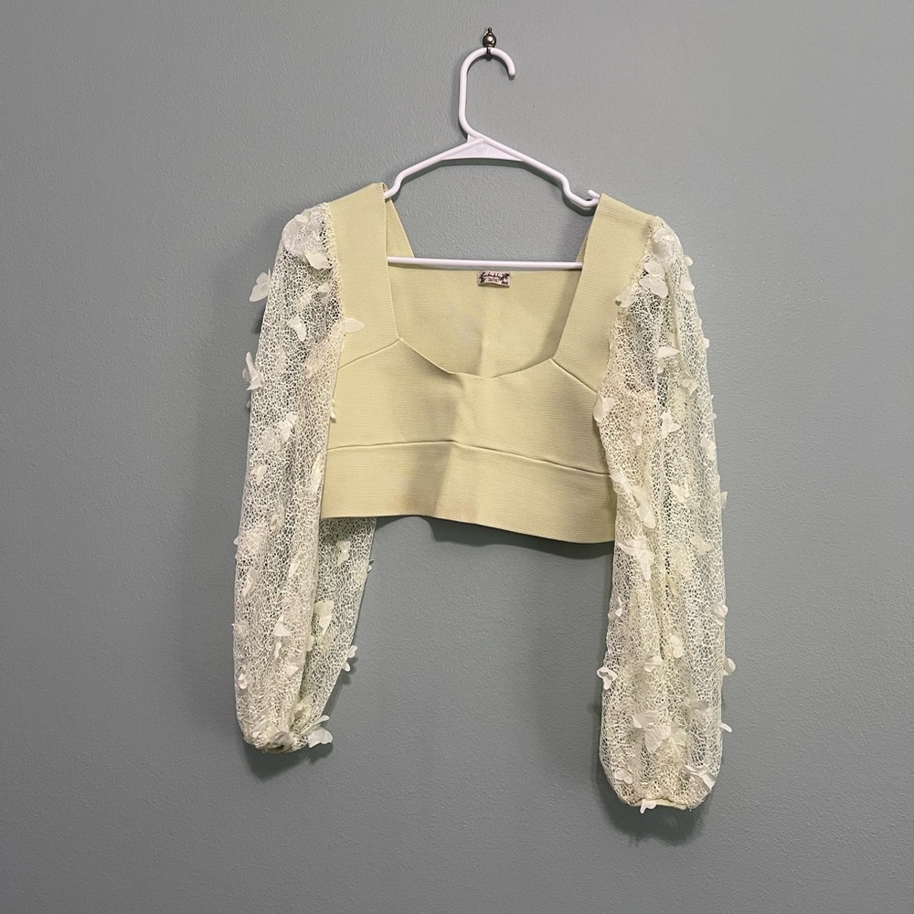 Free People Cream butter yellow Sleeve Crop Top